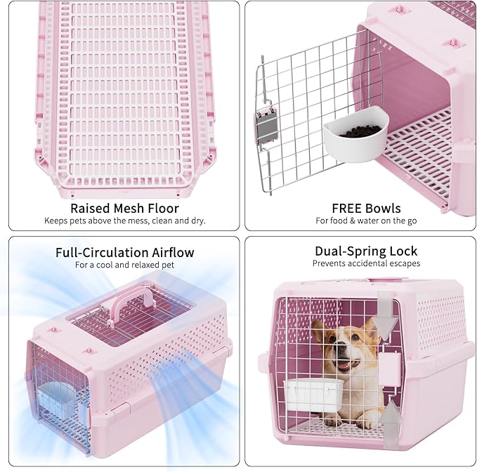 RIZZARI Medium Cat Carrier for Cats & Small Dogs: Durable Hard-Sided Pet Carrier with Ventilated Design -Metal Door & Portable Handle for Safe Travel and Daily Transport (Pink, Medium)