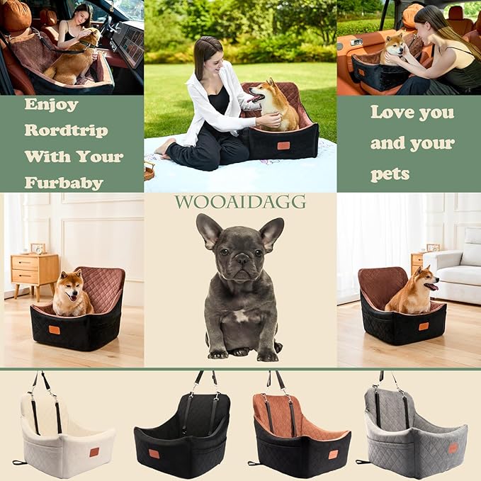 WOOAIDAGG Dog Car Seat for Medium Sized Dog,Pet Travel Car Bed with Seat Belt Channle,Fully Detachable and Washable Car Dog Seat with Adjustable Straps,3 Straps Easy to Install (Black/Brown)