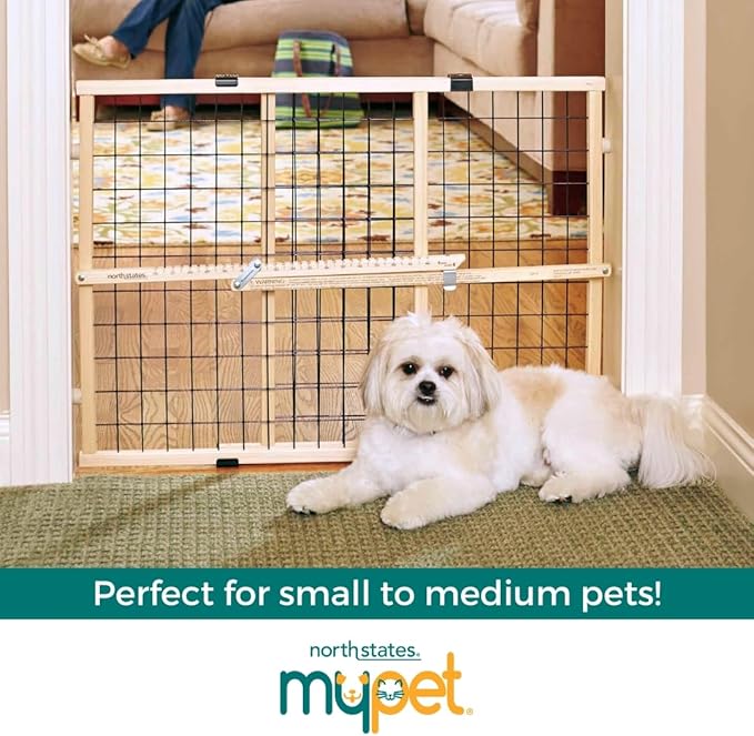 MYPET Wire Mesh Dog Gate: 26.5"-42" Wide Pressure Mounted with No Tools; Expandable, Durable Pet Gates for Doors and Hallways, 23" Tall, Made with Sustainable Hardwood