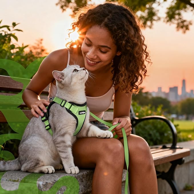 rabbitgoo Cat Harness and Leash Set, Escape Proof Kitten Harness for Safe Outdoor Walks, Soft Breathable Adjustable Vest with Reflective Strips for Kittens and Small Cats, Light Green, XS