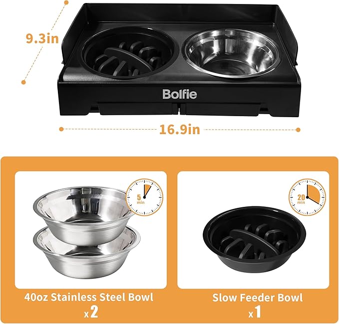 Elevated Dog Bowls for Small Medium Large Dogs 5 Adjustable Heights, 2-in-1 Raised Dog Feeder with 2 Stainless Steel Bowls & Slow Feeder, No Spill Pet Food Water Bowl Stand with Non-Slip Base