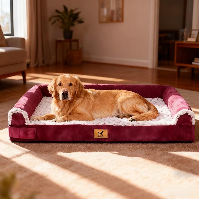 XL Orthopedic Dog Bed - Breathable Egg-Crate Foam Sofa Couch with Bolster, Water-Resistant Liner & Washable Rose Velvet - Ideal for Golden Retrievers, Labradors, Rose Pink(40'' x 28'')