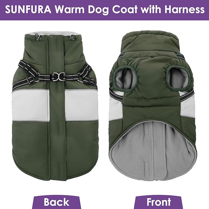 Dog Winter Coat, Waterproof Dog Coat Jacket with Harness for Medium Dogs Boys Girls, Reflective Fleece Lined Pet Snow Jacket Sweaters for Pug, Jack Russel, Boston Terrier, Army Green M