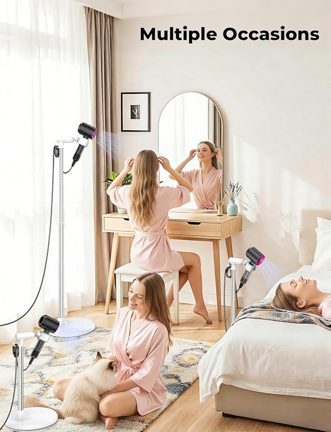 Hands-Free Hair Dryer Stand for Blow Dryers Hairdryer Holder for Families & Pet Grooming Bathroom Use Hair Dryer Holder with Anti-Slip Stable Base, Adjustable Height 16.7 - 50 Inch