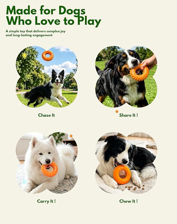 Deeow Orange Tire Dog Chew Toy, Natural Rubber Puppy Teething Ring for Dental Care, Soft Durable Pet Toy for Small Medium Dogs, Indoor Outdoor Fetch Toy for Teething, Anxiety Relief & Boredom Buster