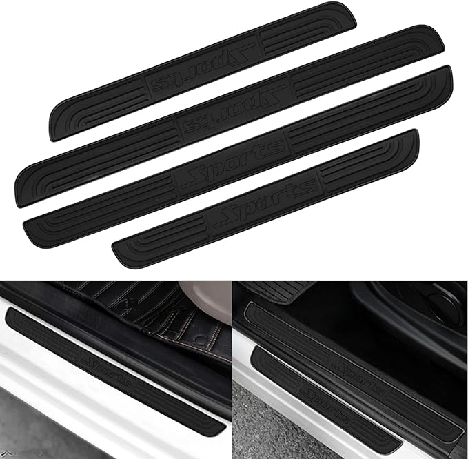 Door Sill Plate Protectors for Car - Universal Door Entry Guards Sill Scuff Cover Panel Step Protector, Welcome Pedal Protector Cover, Sports Pattern, Full Black Base, 4pcs/Set