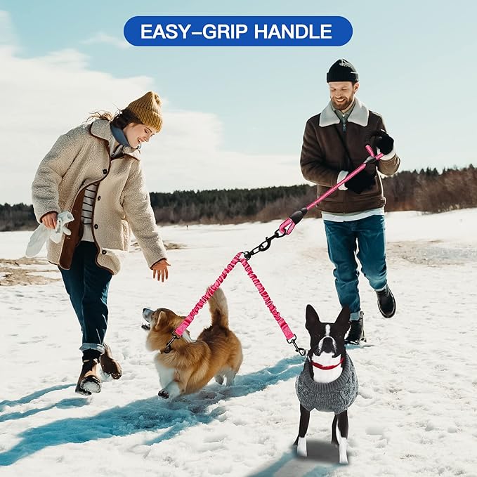 MingXpets Double Dog Leash, Dual Dog Leash, 360° Swivel Tangle Free Bungee Walking Training for Large Medium Dogs, Shock Absorbing Bungee Reflective for Two Dogs, 18~120 lbs, Pink