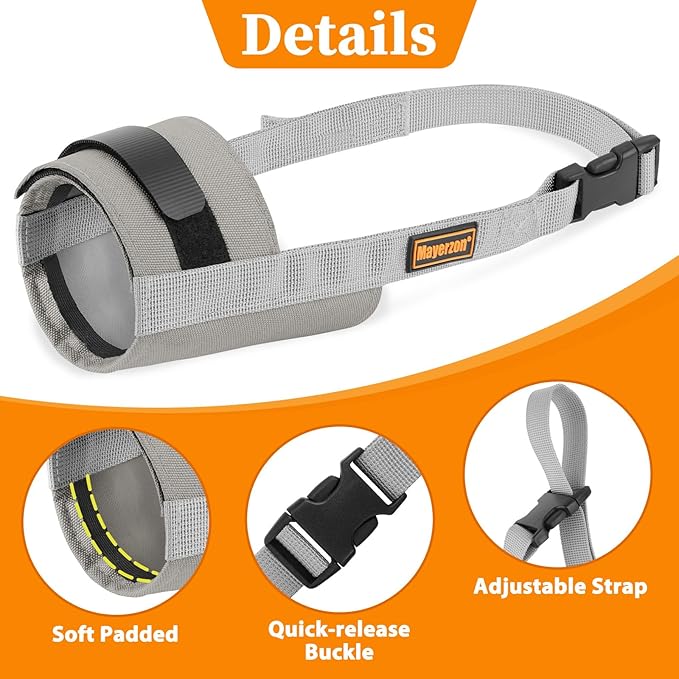 Mayerzon Dog Muzzle for Large Medium Small Dogs, Adjustable Fit, Soft & Sturdy Fabric, Prevents Fierce Barking Biting Chewing, Ideal for Grooming Walking Vet Visits, Allows to Pant Drink (Grey, L)