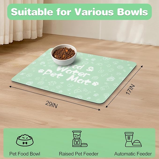 Pet Feeding Mat,Dog Cat Mat for Food and Water,Dog Bowl Waterproof Placemat with Rubber Backing,Absorbent Quick Dry Water Dispenser Mat for Pet(Green 17"×29")