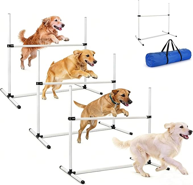4 PCS Dog Agility Course Equipment, Adjustable Jump Bars Obstacle Training Supplies PVC Puppy Exercise and Coordination Training Kit with Carry Bag for Indoor Outdoor Use(White)
