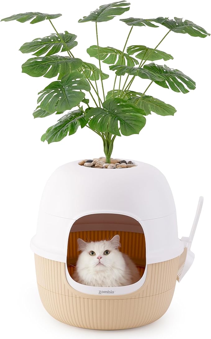 ZOMISIA Hidden Cat Litter Box with Faux Plant, Odor Control Litter Box Enclosure Furniture with Artificial Planter and Scoop, Easy to Assemble and Clean, White & Khaki