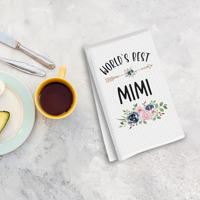 World’s Best Mimi Gifts Kitchen Towels 24x14 Inch, Floral Waffle Absorbent Tea Dish Hand Towels, Reusable Dish Towel for Kitchen Bathroom Decor, Birthday Christmas Thanksgiving Gifts for Mimi Grandma