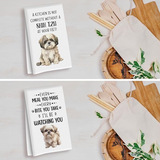 2Pcs Shih Tzu Accessories Kitchen Towels 24x14 Inch, Shih Tzu Gifts for Woman Mom, Reusable Waffle Weave Microfiber Absorbent Hand Tea Dish Towels for Kitchen Bathroom Decor, Dog Lovers Gifts