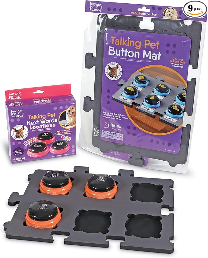 Hunger for Words Talking Pet Bundle - Storage Mat Set for 6 Buttons & Pet Next Words Locations, 3 Recordable Speech Buttons, Dogs Training and Communication