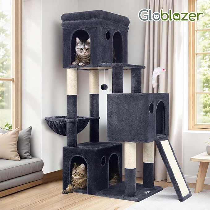 Globlazer 52in Cat Tower for Multiple Indoor Cats, Heavy Duty Multi-Level Cat Tree with 3 Cozy Condos, 4 Natural Sisal Scratching Posts and Cozy Basket Bowl, F52B, Dark Grey