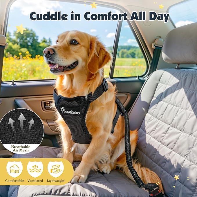 Pawaboo Dog Seat Belt Harness for Car, Dog Car Harness Seatbelt with Double Clips, Adjustable Breathable Pet Vest & Dogs Safety Tether with Elastic Bungee for Small Medium Large Pet, S, Black