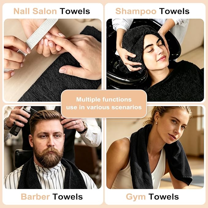 Puomue 6 Pack Black Salon Towels, Super Soft and Absorbent Microfiber Hair Towel for Salon, Bath, Spa, Pool and Home, 27 inch X 16 inch, Black