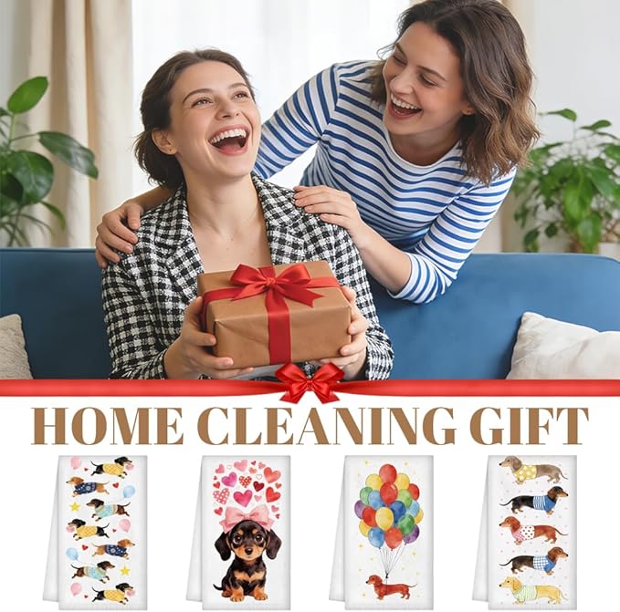 WADORN 4Pcs Dachshund Kitchen Hand Towels, 24 x 16 Inch Weiner Dog Decorative Kitchen Dish Tea Towels Soft Microfiber Absorbent Cute Dog Lovers Gifts for Home Bathroom Party Holiday Housewarming