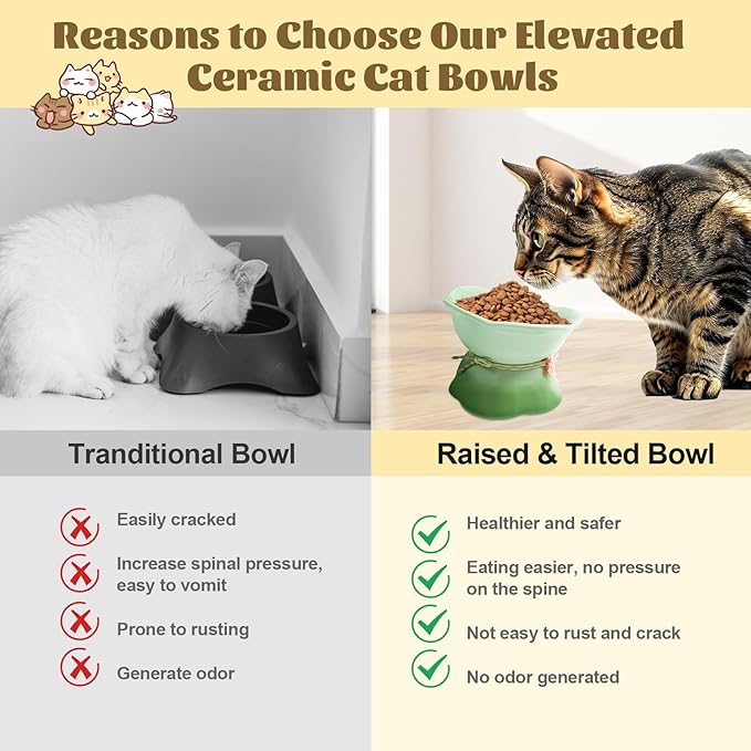 4Pcs Ceramic Raised Cat Bowl Elevated Cats Bowls Tilted Cat Food Dishes Pet Bowl Stand Feeder Cute Cats Bowl for Kittens Puppies Small Dog Whisker Fatigue Protect Kitten Spine