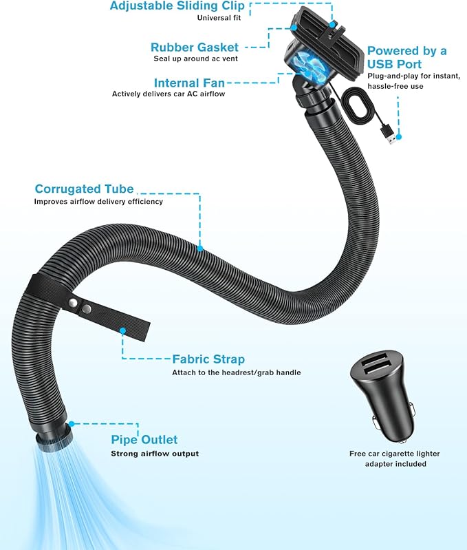 Car AC Vent Extender with Build-in Fan, Extendable Back Seat Air Conditioning, Directs Cool or Warm Air to kids, Elderly & Pets, Portable AC Hose, Universal for Vehicles