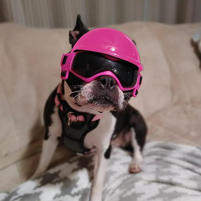Small Dog Goggles with Helmet, 2PCS Pet Sunglasses and Dog Motorcycle Helmet with Ear Holes, Small Medium Breed Outdoor Driving Walking Biking Protection, All Pink