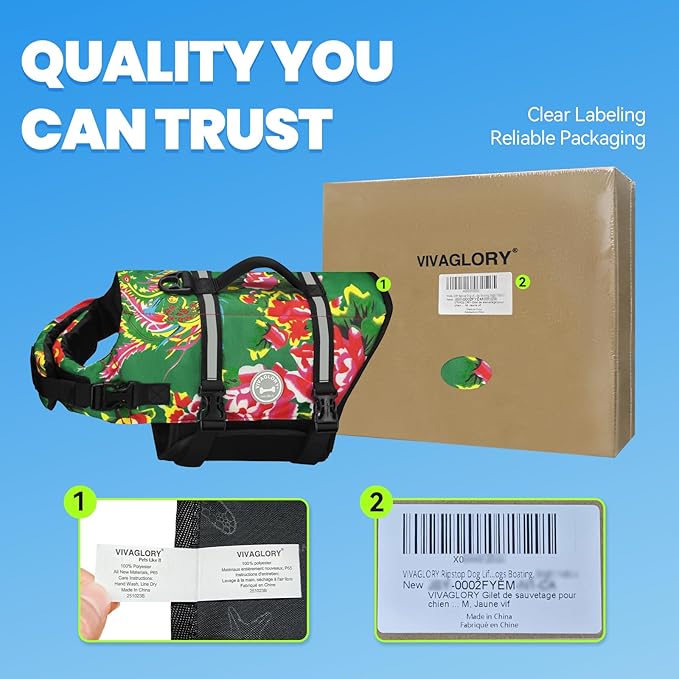VIVAGLORY Rip Stop Dog Life Vest, Swimming Vest with Handle, Buoyancy for Doggy Puppy, Dog Life Jacket for Swimming & Boating, L, Northeast Florals-Green
