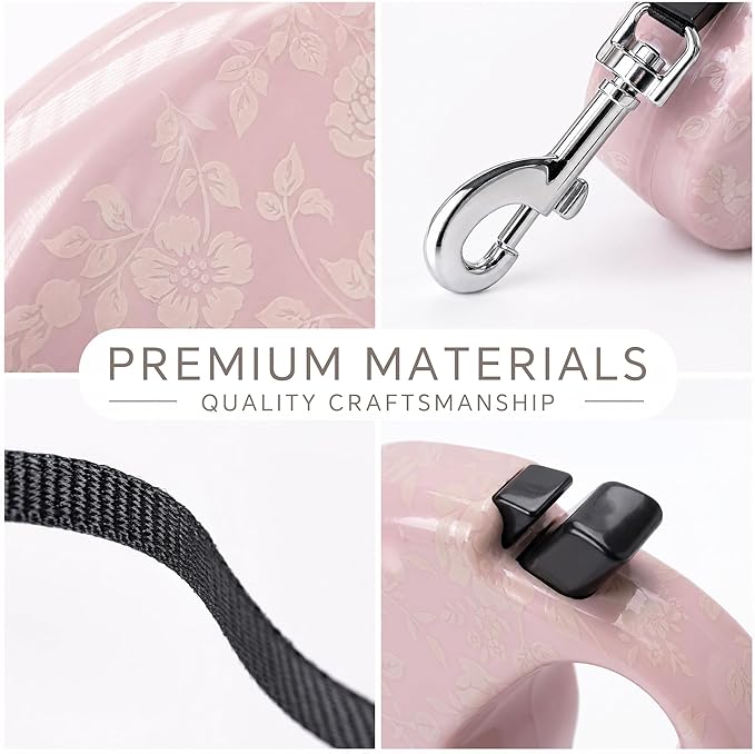 Pink Retractable Dog Leash with Print for Small Dogs & Puppies – Cute Pet Leash for Little Puppy, Cat, and Medium Sized Dog, Ideal for Girls Walking (Pink Print-Small)