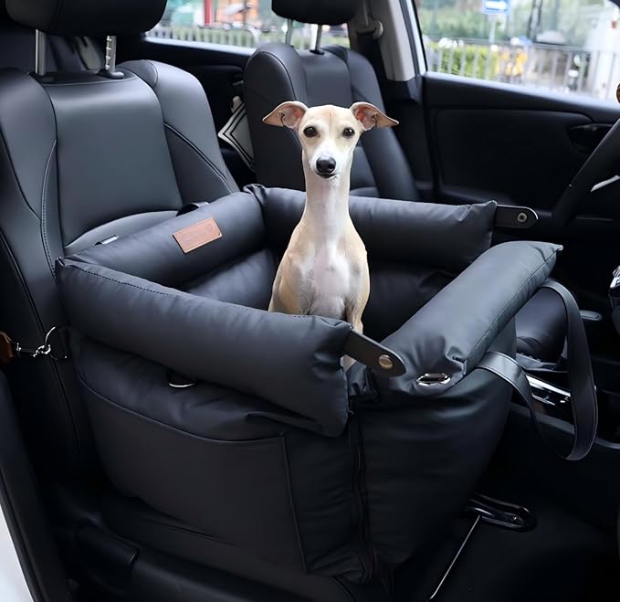 FUNNYFUZZY Luxury Dog Car Seat for Small Medium Dogs Under 35 lbs, Waterproof Leather Pet Booster Seat with Safety Leash & Anti-Slip Base, Fully Padded Dog Car Bed, Portable Puppy Carrier(Black)