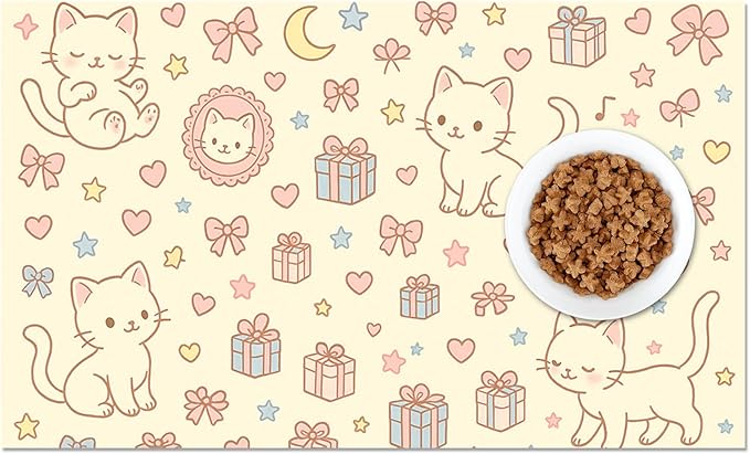 HOMETITUTE Cute Cat Pet Feeding Mat Adorable Kitten Food Placemat with Gift Bow and Star Print for Dogs and Cats Sweet Non Slip Mat for Dog Cat Food and Water Bowls Home Kitchen Decoration 20" x 12"