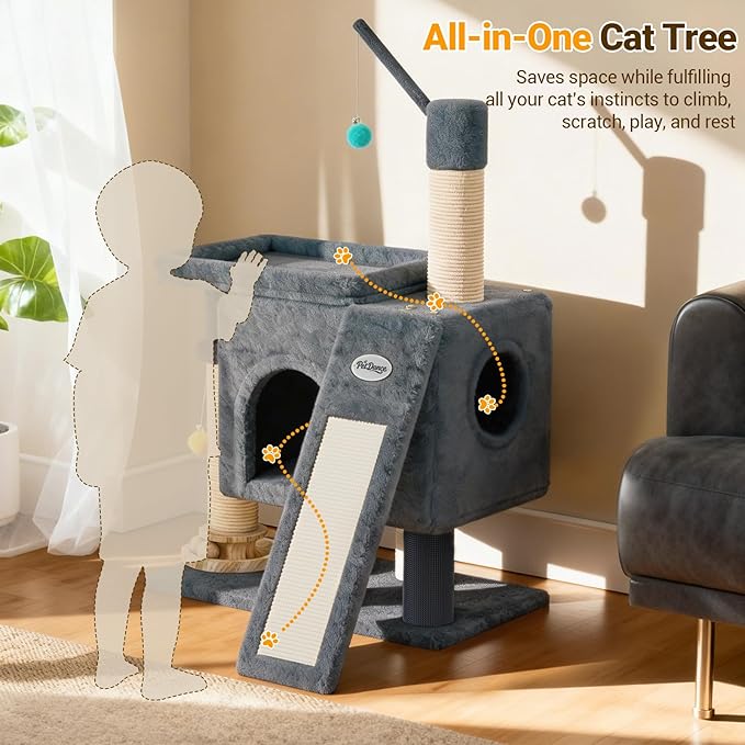 ใScratch & Playhouseใ PetDance Small Cat Tree Tower with Scratching Postsใ100% Natural Sisalใ, Wood Track Ball Toy & Self-Grooming Brush for Bored Indoor Cats, Mist Blue