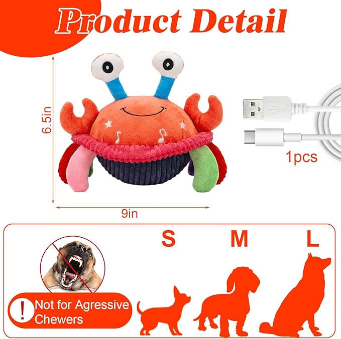 Mity rain Interactive Dog Toys with Thicken Plush, Moving Dog Toy with Recording Mode Shaking & Singing Mode Bouncing, Funny Ball Jumping to Keep Them Busy & Chase, Rechargeable (Crab)