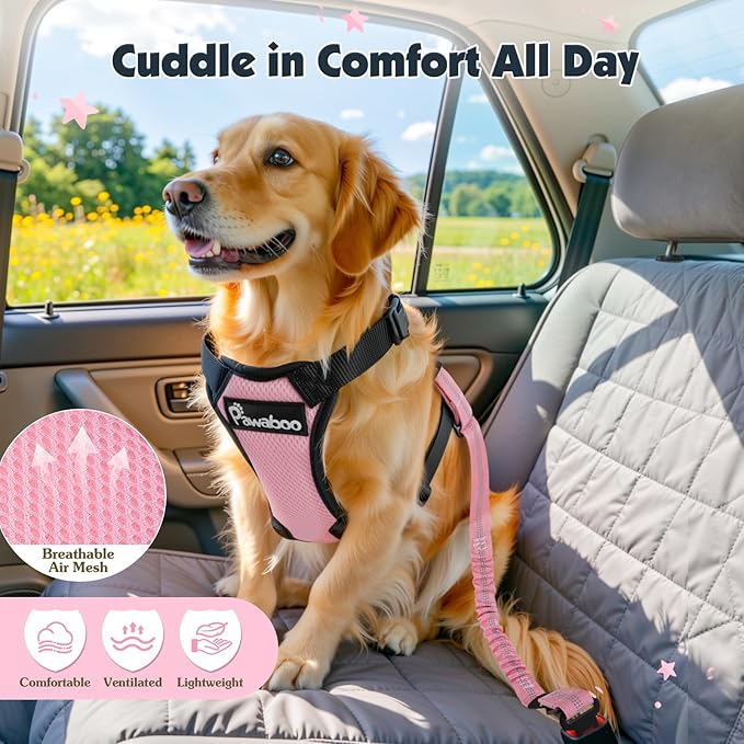 Pawaboo Dog Seat Belt Harness for Car, Dog Car Harness Seatbelt with Double Clips, Adjustable Breathable Pet Vest & Dogs Safety Tether with Elastic Bungee for Small Medium Large Pet, M, Pink + Black