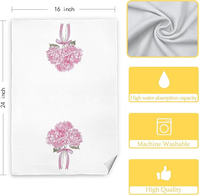 Coquette Pink Hydrangea Floral Hand Towels for Bathroom Spa Gym, Preppy Aesthetic Floral Kitchen Towels, Rustic Hydrangea Flower Dish Tea Towels for Kitchen Decor, 16x24 Inch Set of 2