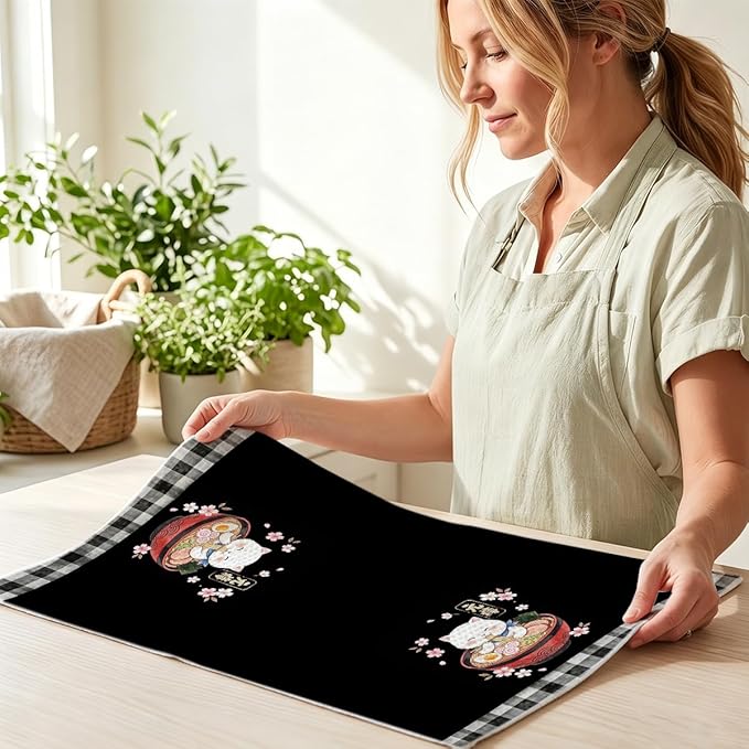 2 Pcs Funny Japanese Cat Eating Ramen Kitchen Towels 24x14 Inch, Japanese Reusable Dish Towels for Kitchen Bathroom Decor, Waffle Weave Absorbent Tea Towel, Cute Cat Lover Gifts for Women Mom Friend