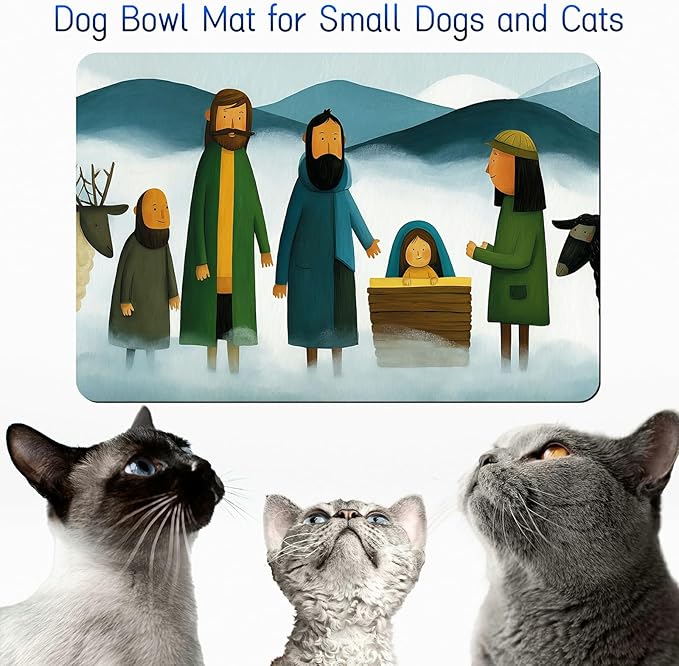 Dog Food Mat, 19.6" x 23.6" Absorbent Pet Feeding Mat for Food and Water, Waterproof Diatom Mud Pet Placemat with Non-Slip Rubber Backing, Cat Bowl Mat for Floors - Mountain Family Sheep