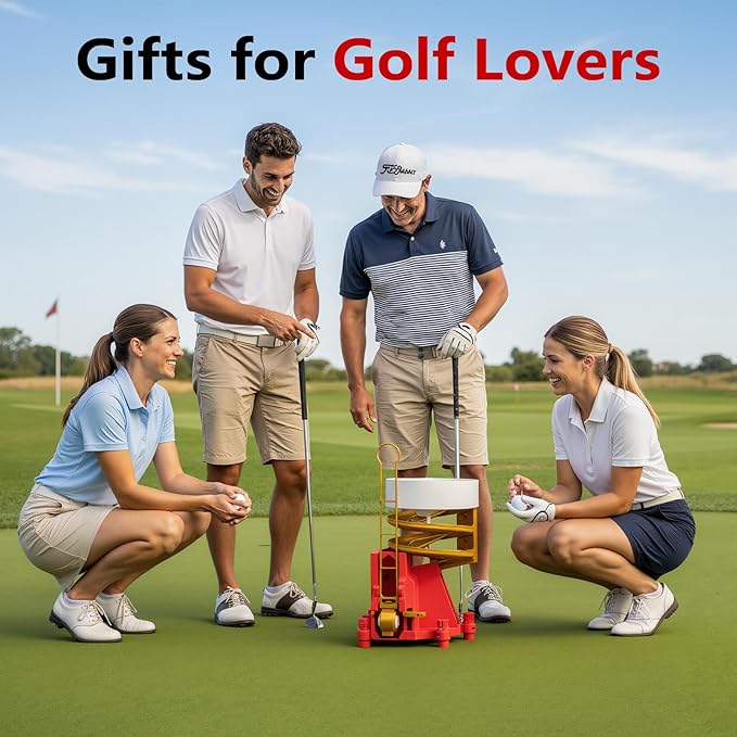 Golf Ball Dispenser, Golf Ball Launcher Pro, Automatic Golf Ball Dispenser & Launcher Pro, High-Capacity Hands-Free Practice Machine, Funnel Included(Gold+Red+White)