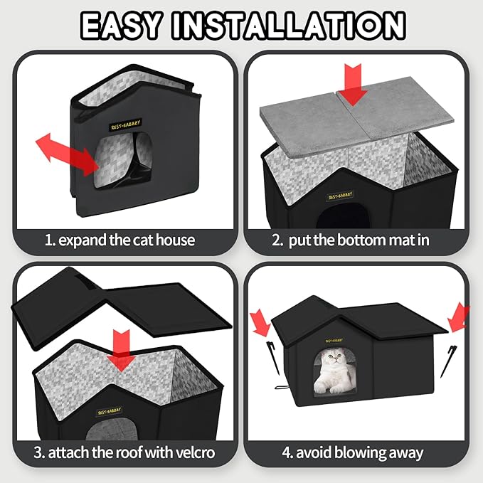 Rest-Eazzzy Cat House for Outdoor Cats, Weatherproof and Insulated Feral Cat House with Mat and Clip, Easy to Put Together, Selfwarming Cat Shelter for Summer (Black, Waterproof House-L)