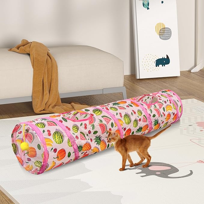 Andiker Cat Tunnel for Indoor Cats, 45" Long Rainbow Collapsible Kitten Tube with a Fun Ball and 2 Holes Cat Play Tunnel, Rabbit Tunnel for Kittens Exercising Hiding Training and Running (Pink)