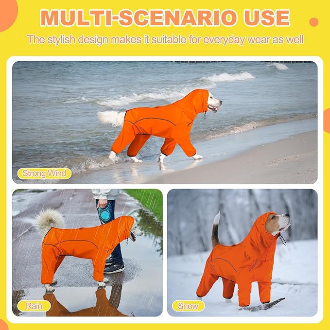 Dog Raincoat, Waterproof Dog Rain Jacket with Removable Hood,Adjustable 4 Legs Pet Poncho with Leash Hole,Reflective Stripe Hooded Snowproof Windproof Clothes for Small to 3X-Large Dogs, XL