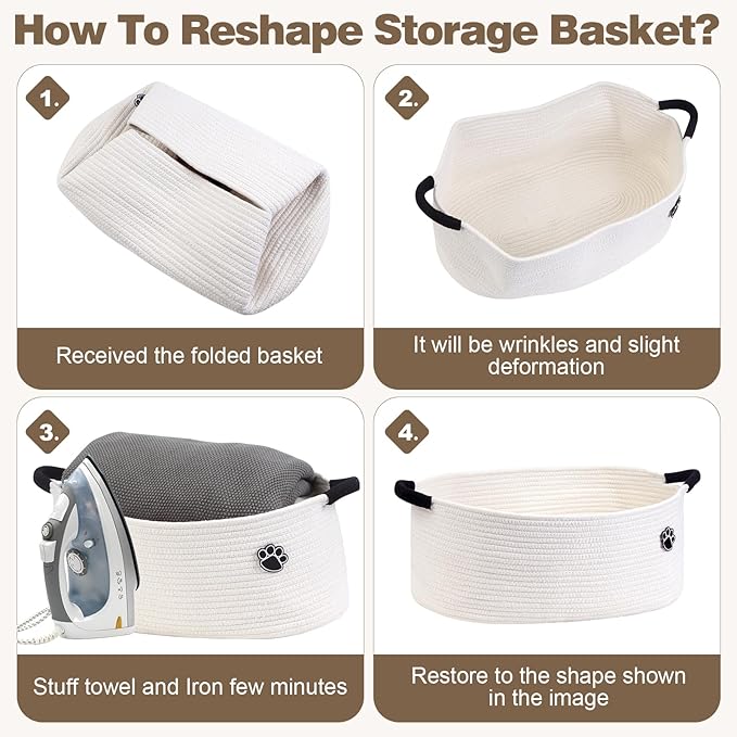 Optish Dog Toy Basket, Toy Storage Box and Bin with Handles, 19.7" X 11" X 7.9" (30L) Large Woven Rope Basket for Blankets, Living Room, Bedroom, White