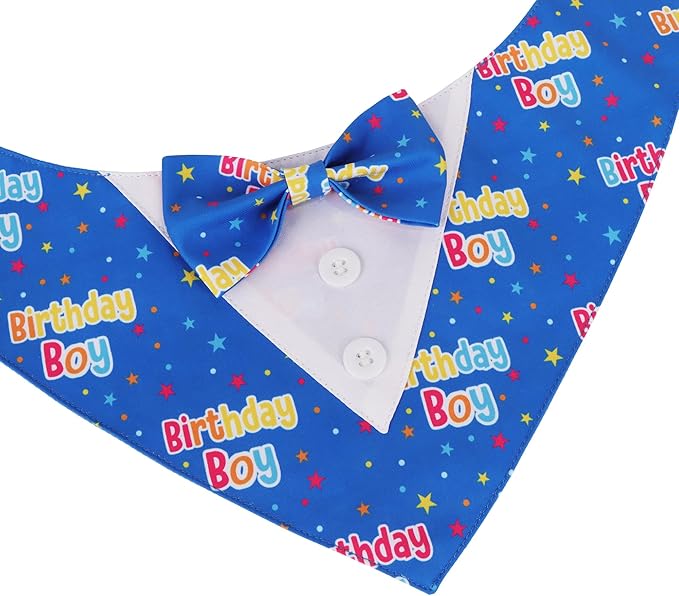 ADOGGYGO Birthday Boy Dog Tuxedo Bandana, Blue Collar with Bow Tie, Adjustable Formal Birthday Costume for Extra Large Dogs (XL)