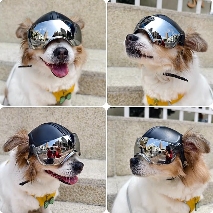 Small Dog Helmet, Pet Motorcycle Helmet with Ear Holes, Adjustable Pet Safety Hat with Flip-Up Silver Visor, Small-Medium Puppy Heads Protection, Non-Spiked