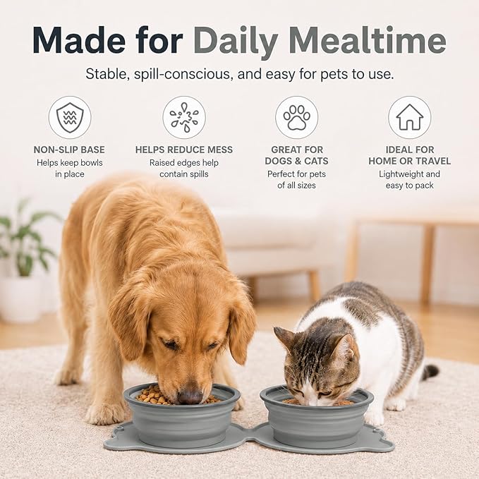 Collapsible Dog Bowls, 2-in-1 Silicone Pet Food and Water Bowl with Carabiner - Portable Double Compartment Travel Dish for Dogs, Ideal for Camping, Hiking, Car Rides, Puppy Essentials (Gray)
