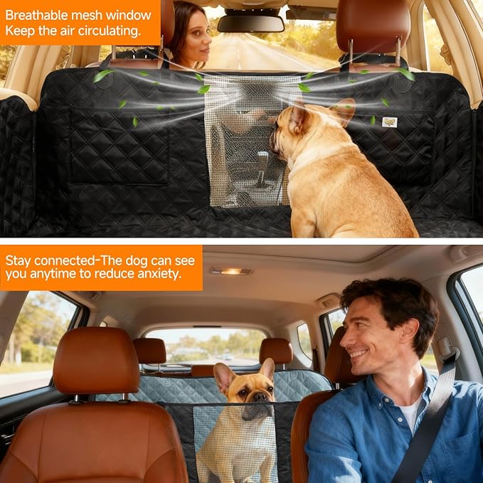 PETTALK Deluxe Dog Car Cover for Back Seat, Waterproof Reversible Dog Hammock for Backseat Non-Slip Pet Cover for Dogs with Mesh Window, Anti Scratch Seat Protector Universal Fit for Cars SUVs Trucks