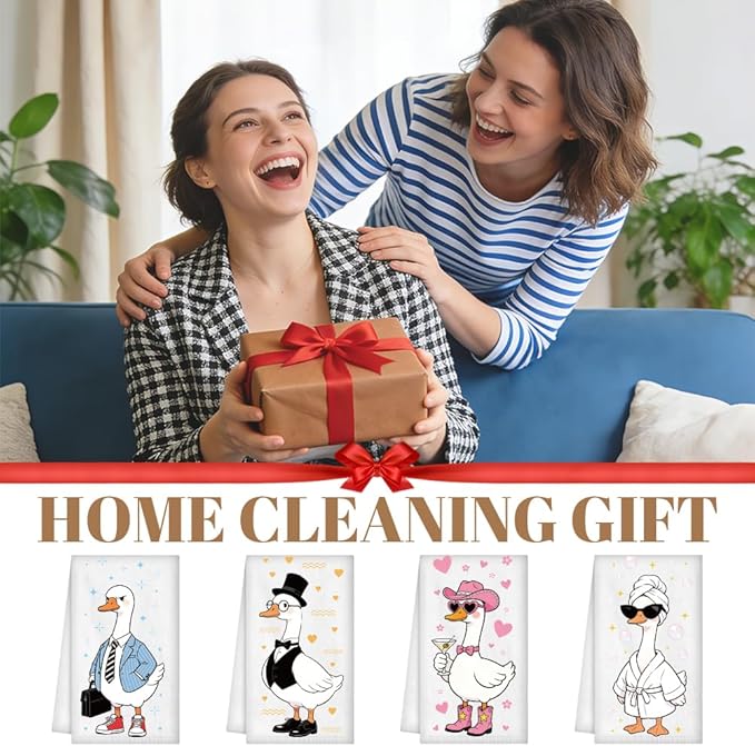 WADORN 4Pcs Funny Goose Kitchen Hand Towels, Cute Goose Kitchen Dish Tea Towels 24 x 16 Inch Soft Microfiber Absorbent Home Bathroom Decorative Gifts for Farm Animal Gifts Bird Lovers Housewarming