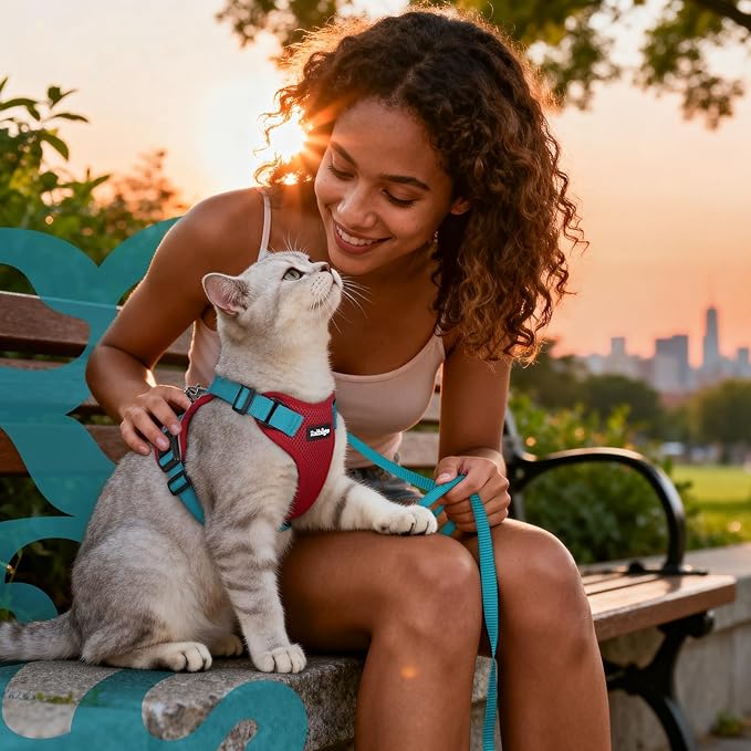 rabbitgoo Cat Harness and Leash Set, Escape Proof Vest Harness for Safe Outdoor Walks, Soft Breathable Adjustable Vest with Reflective Strips for Average to Large Cats, Red & Teal, M