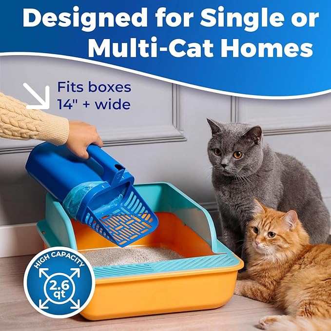 PetLovers Cat Litter Scooper with Built-in Bag, No-Touch One-Handed Kitty Litter Scoop for Open-Top Boxes 14+ Inches Wide, Hinged Clumping Poop Shovel, Seal & Toss Waste System (Bags Included)
