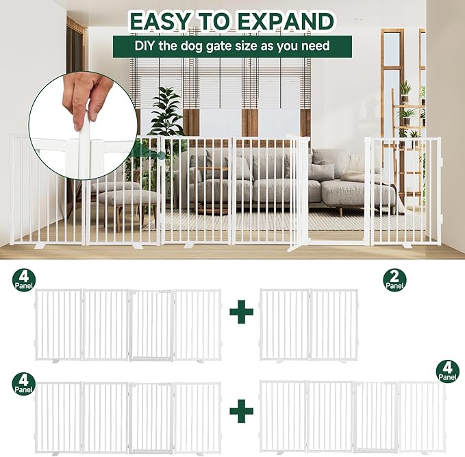 Snagle Paw Metal Freestanding Dog Gate with Door, 80” W x 32” H Dog Fence with Support Feet for Doorways, Stairs and Hallways, Portable Pet Gate for Indoor Use (4 Panel, White)