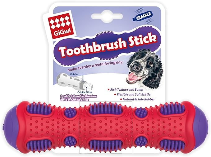 Gigwi Toothbrush Stick Dog Toy for Teeth Cleaning, Durable Rubber Dental Chewy Toy for Medium and Large Dog, Purple Color