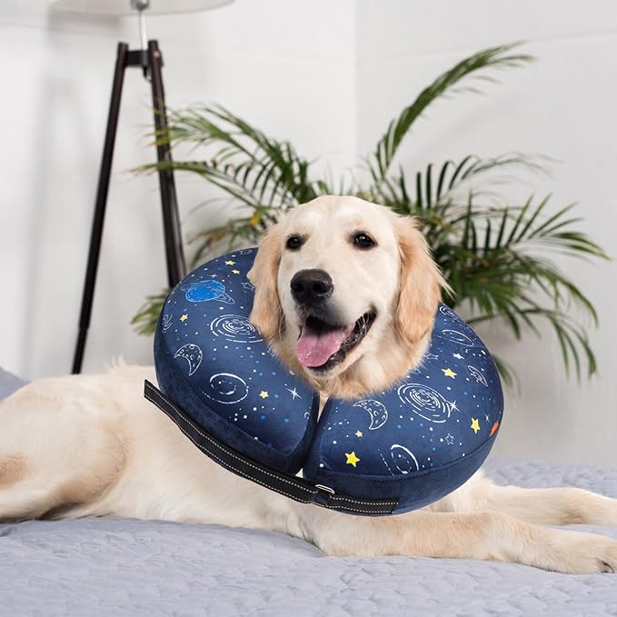 SCENEREAL Dog Cone Alternative After Surgery Donut Collar, Soft Pet Recovery Pillow Collar for Medium Large Dogs, Inflatable Adjustable Neck Collars to Prevent Licking, Planet Print E-Collars M